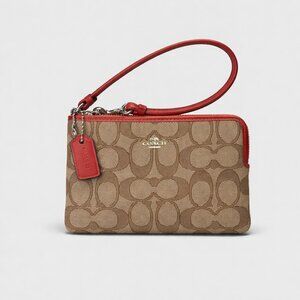 Coach Signature Canvas Wristlet Khaki Miami Red Zip Pouch Mini Bag F1580 EUC